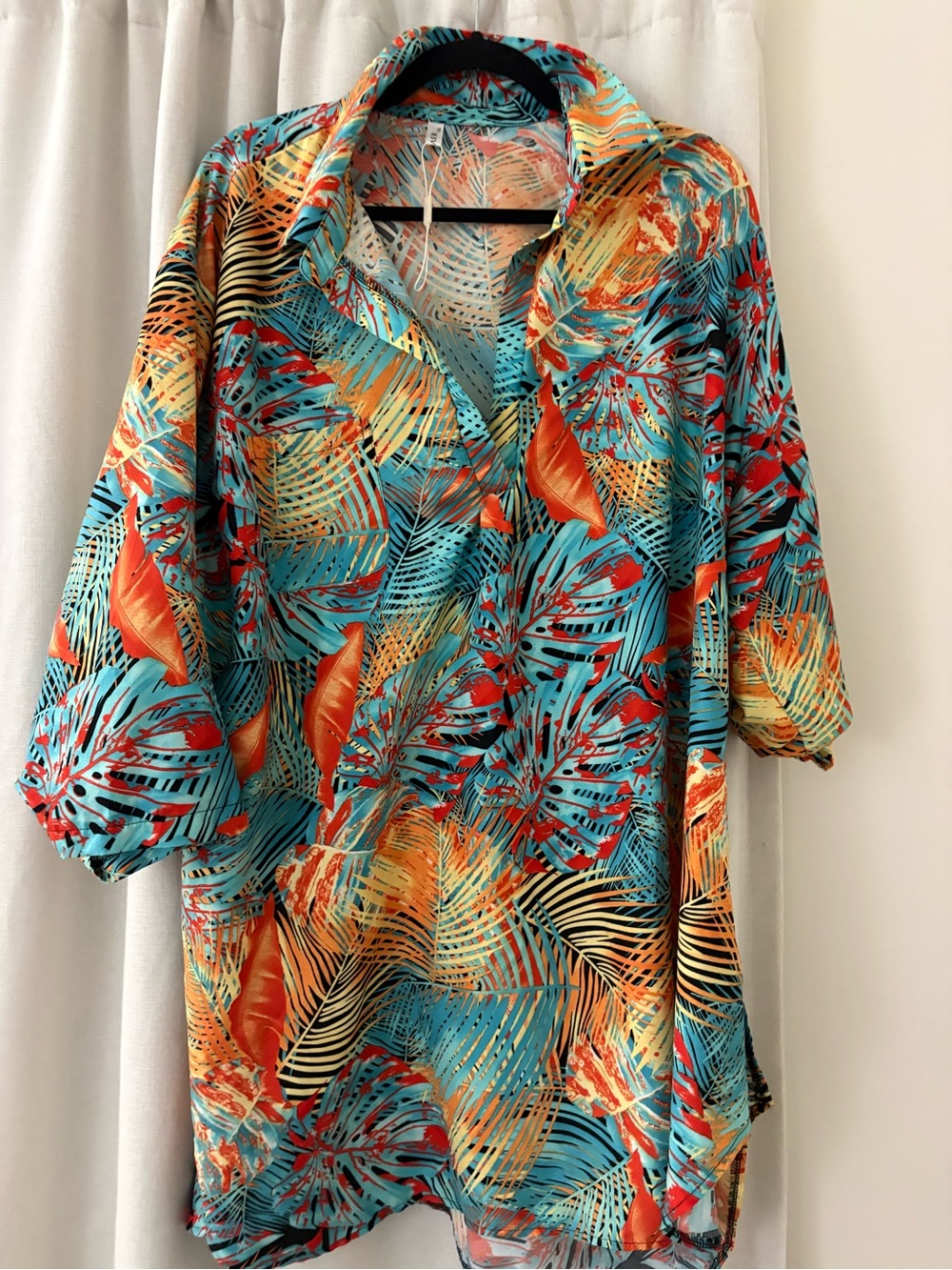 Tropical Leaf Button-Front Swim Coverup in Turquoise & Orange
